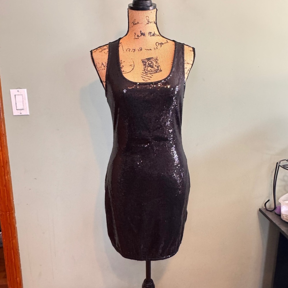 Express Black Sequin Sheer Mesh Back Sleeveless Mini Bodycon Dress